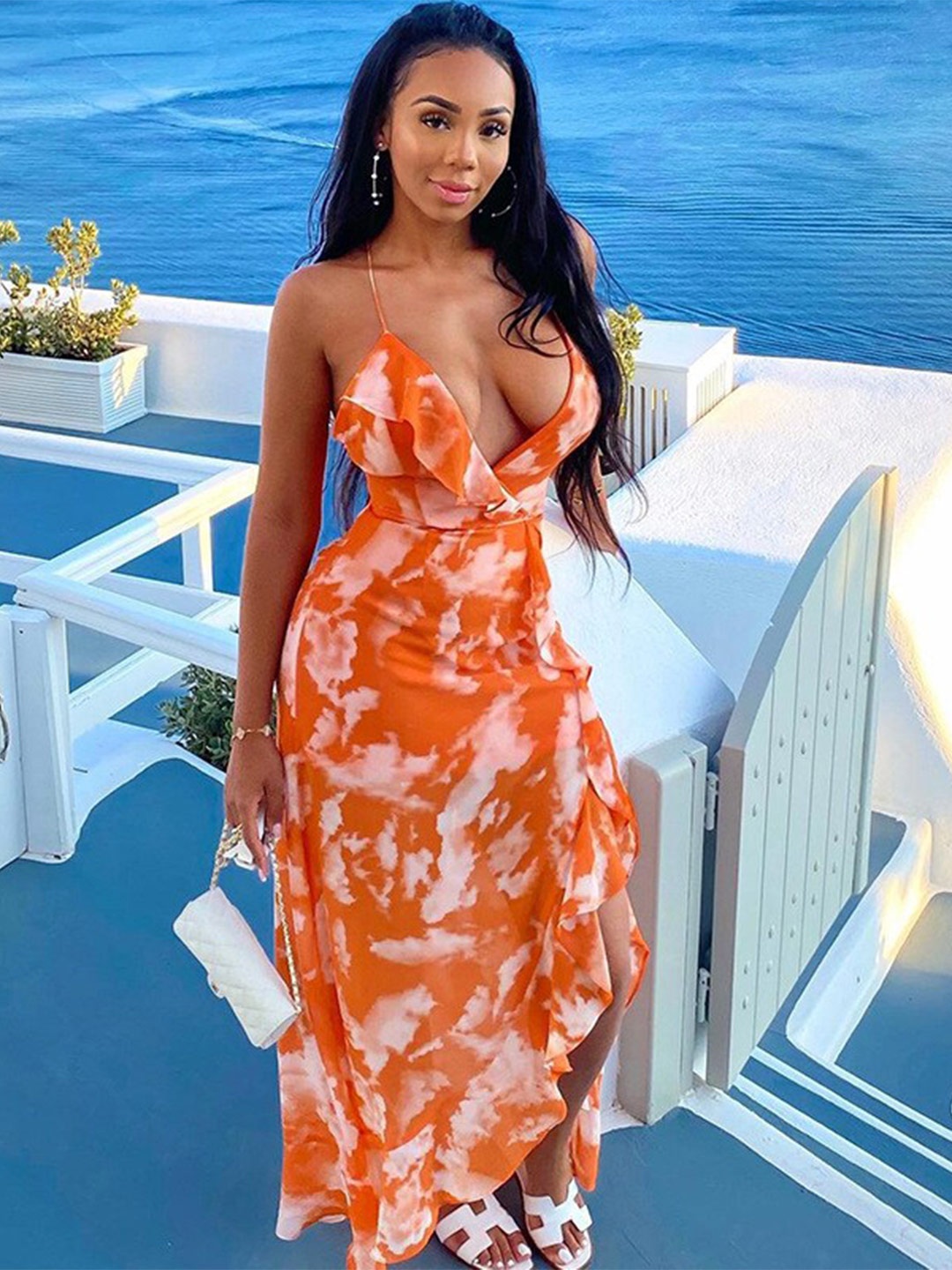 

StyleCast Orange Abstract Printed Shoulder Straps Fit and Flare Midi Dress