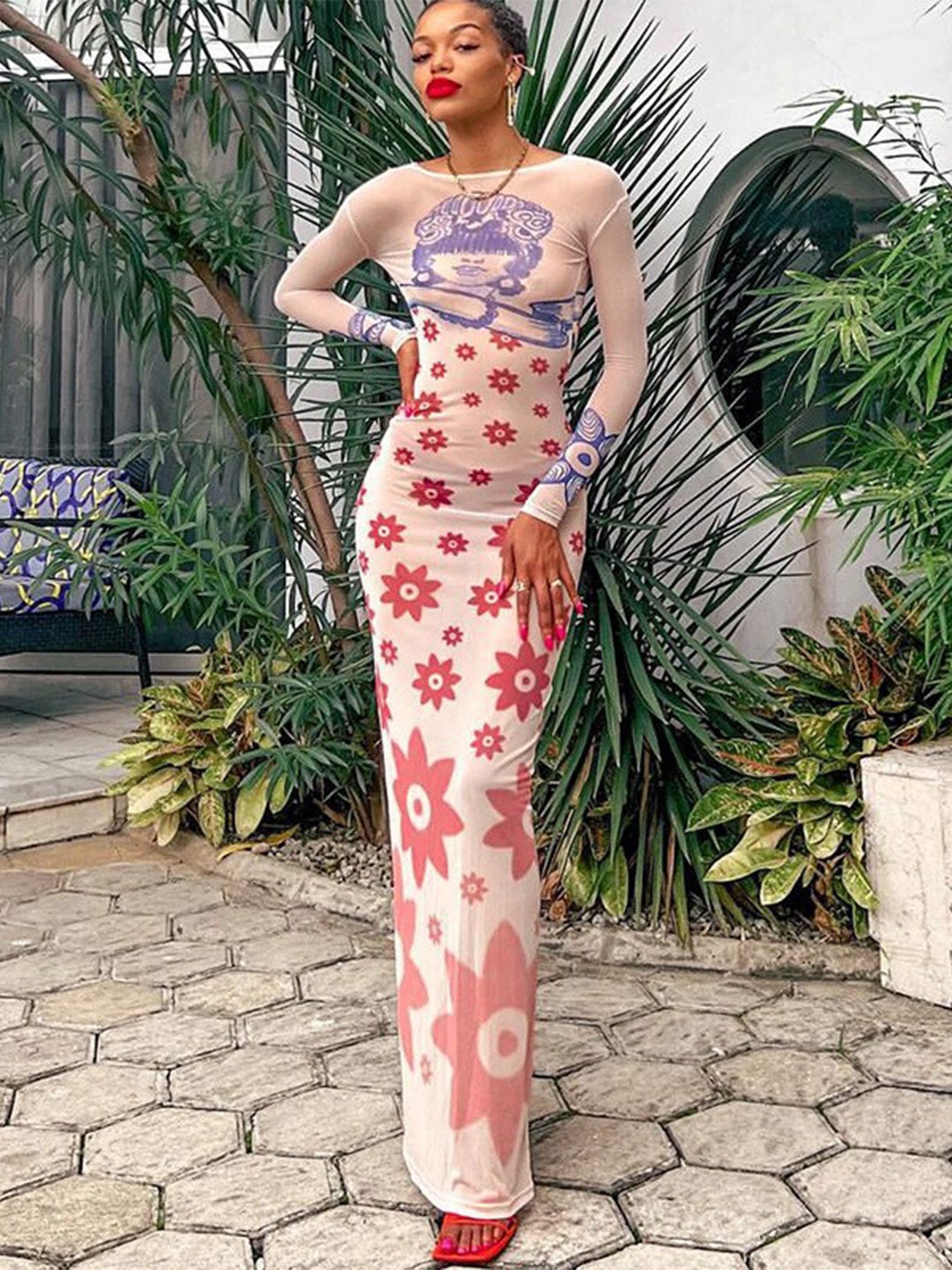 

StyleCast Beige & Red Floral Printed Maxi Dress