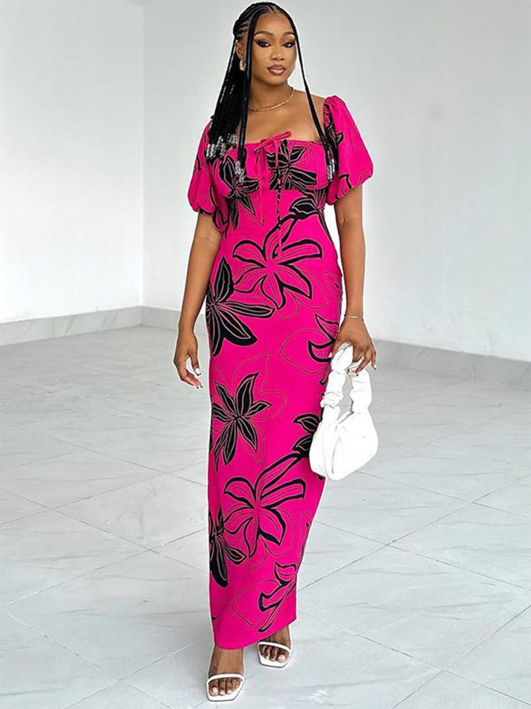 

StyleCast Fuchsia Floral Printed Square Neck Maxi Dress