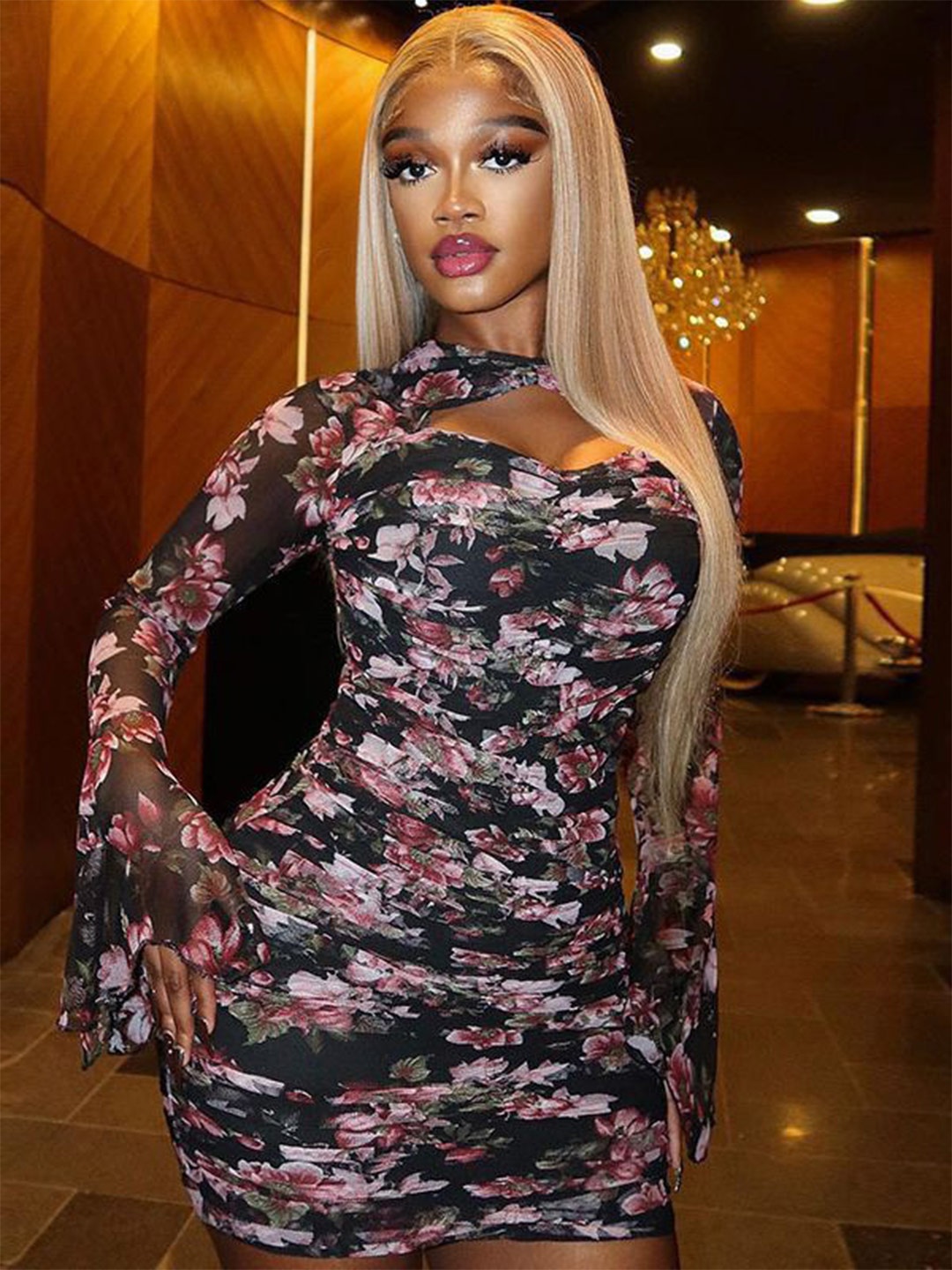 

StyleCast Black Floral Printed Cut Put Bodycon Mini Dress