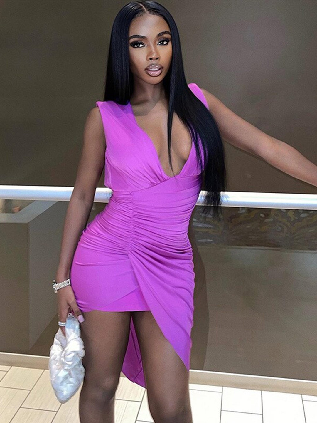 

StyleCast Purple V-Neck Sleeveless Ruched Wrap Mini Dress