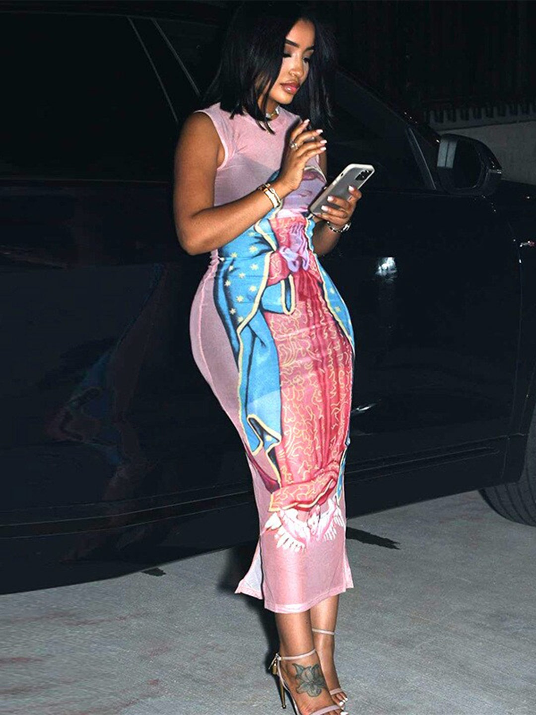 

StyleCast Pink Abstract Printed High Neck Sheath Midi Dress