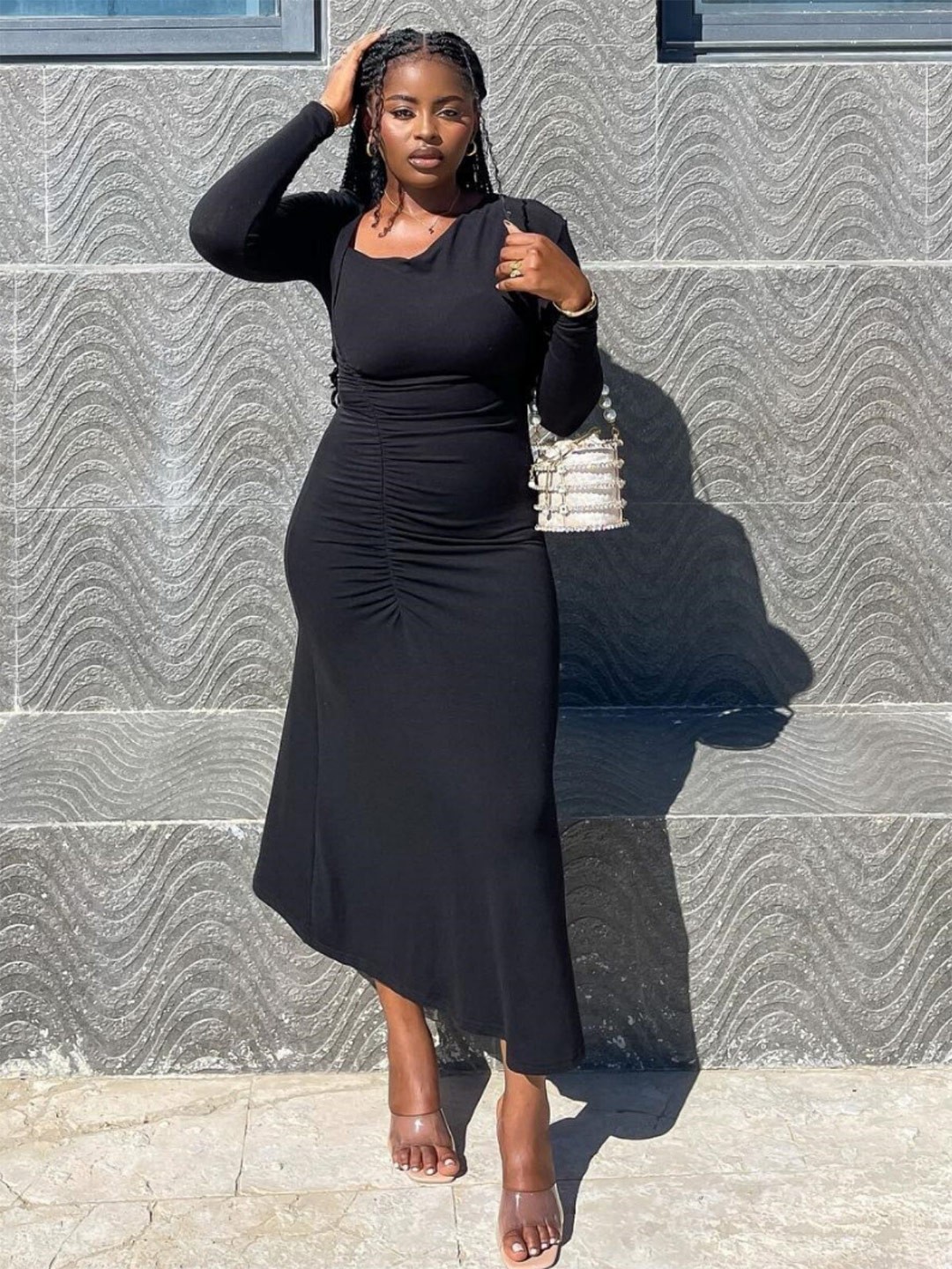 

StyleCast Black Square Neck Gathered Sheath Midi Dress