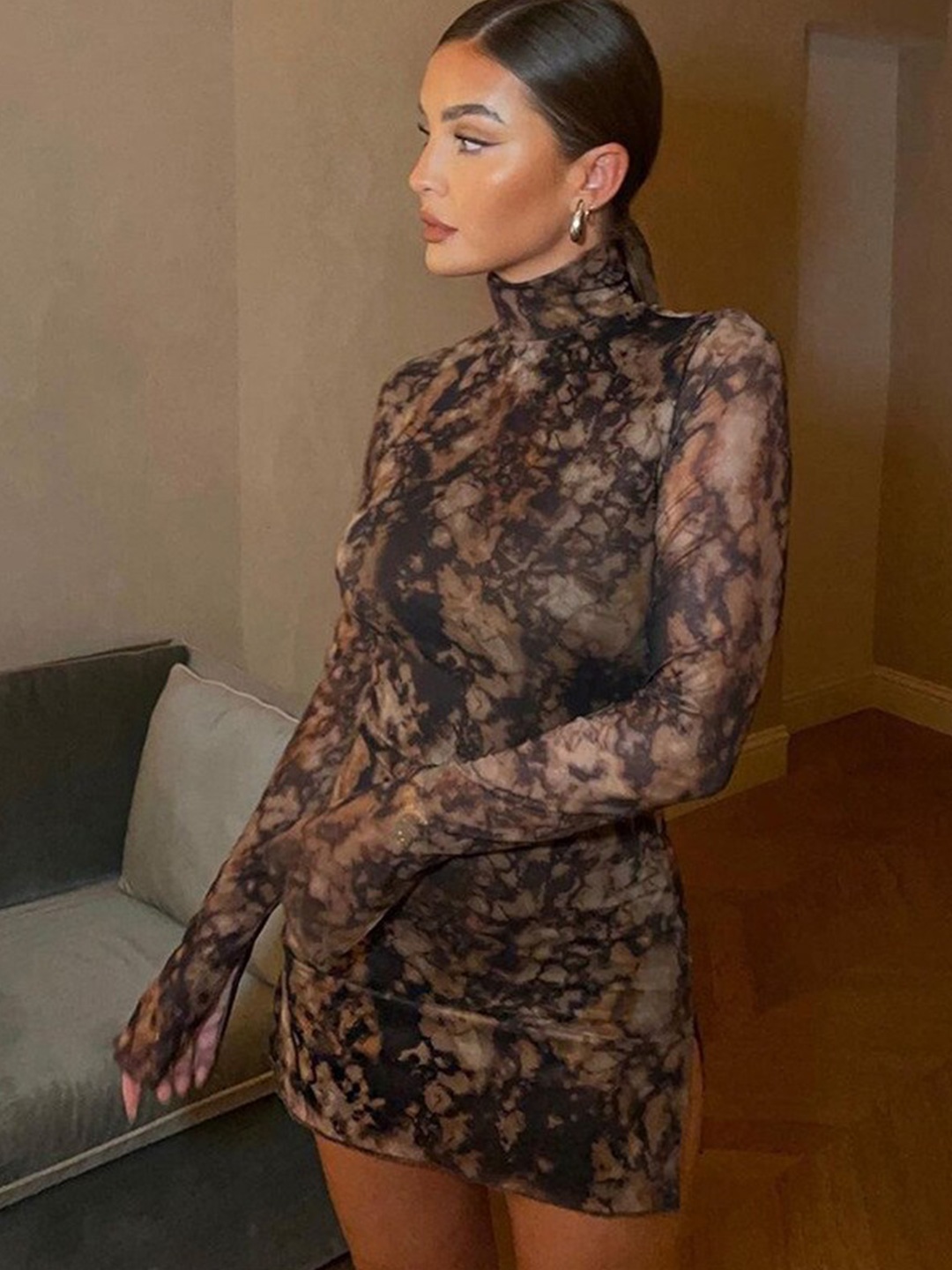 

StyleCast Brown Abstract Printed High Neck Bell Sleeves Bodycon Mini Dress