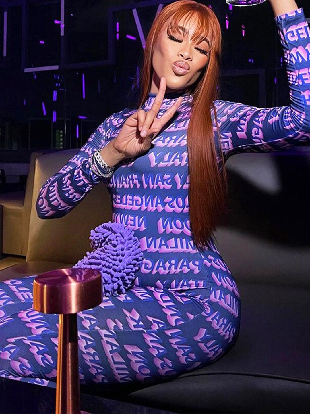 

StyleCast Purple Printed Round Neck Jumpsuit