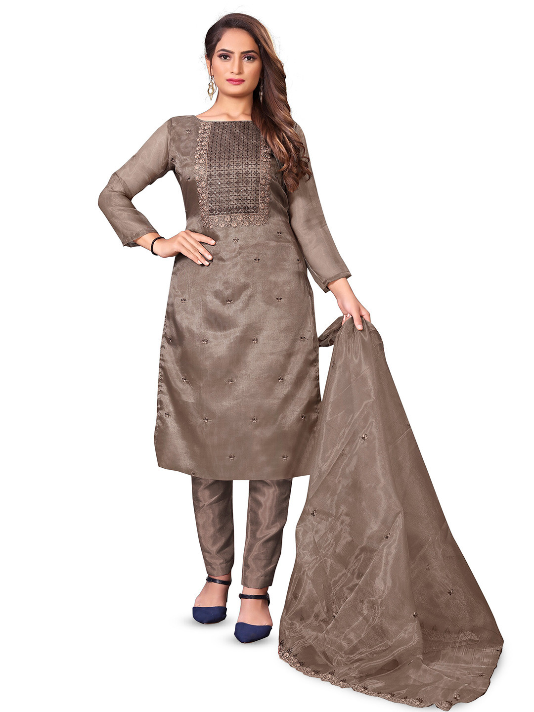 

KALINI Floral Embroidered Sequinned Unstitched Dress Material, Brown