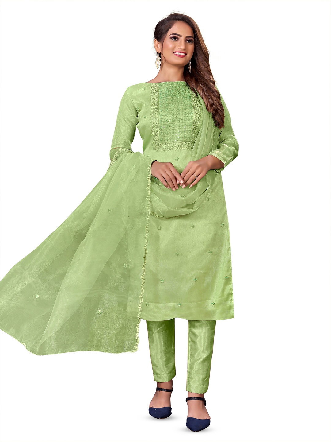 

KALINI Floral Embroidered Sequinned Unstitched Dress Material, Green