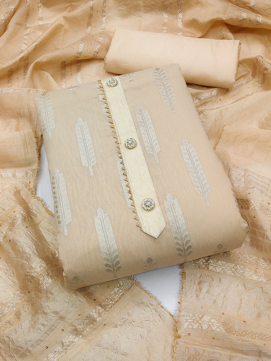 

KALINI Ethnic Motifs Woven Design Gotta Patti Detailed Unstitched Dress Material, Beige