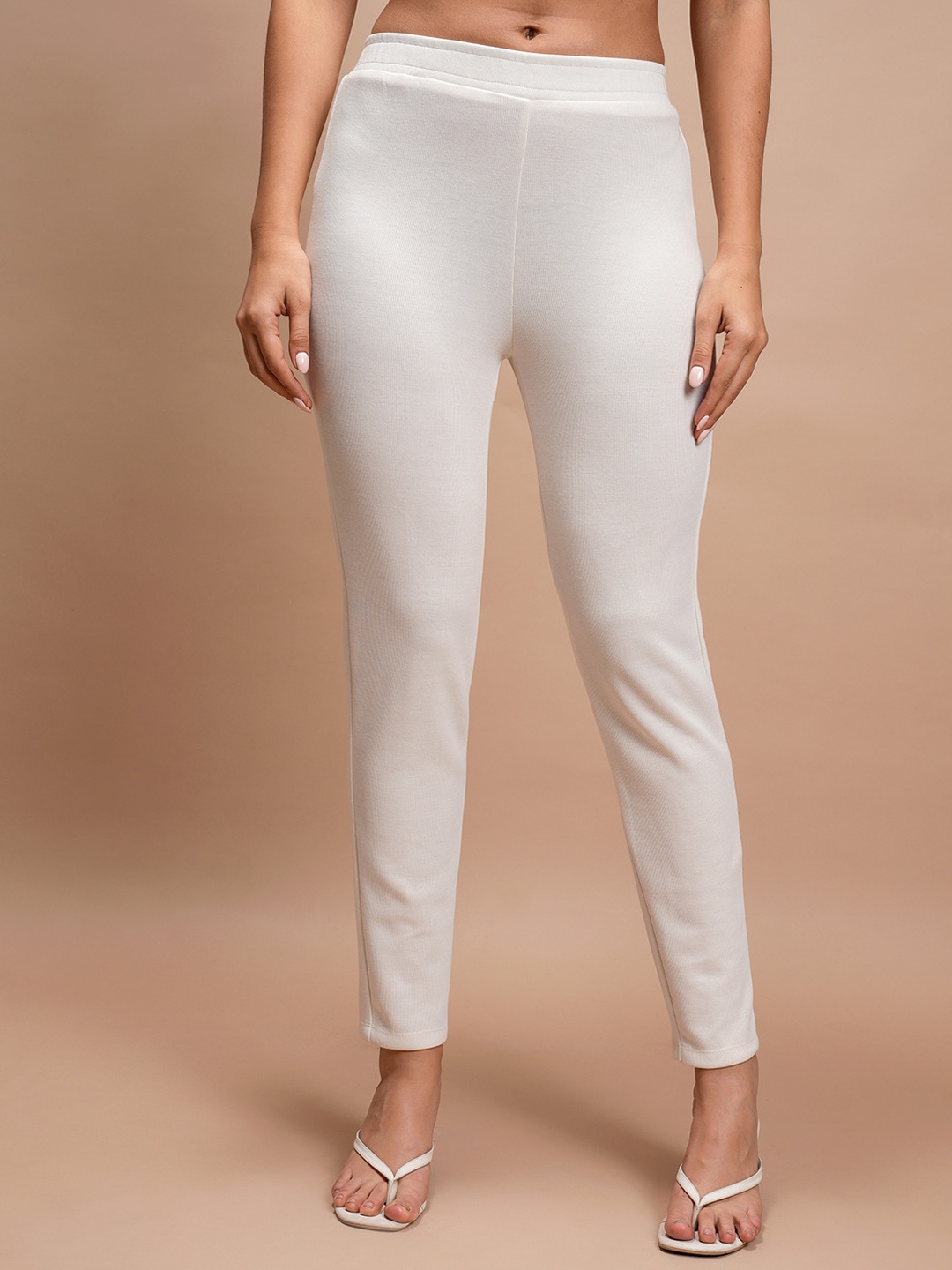 

Vishudh Women Mid Rise Slim Fit Ethnic Cigarette Trousers, Cream