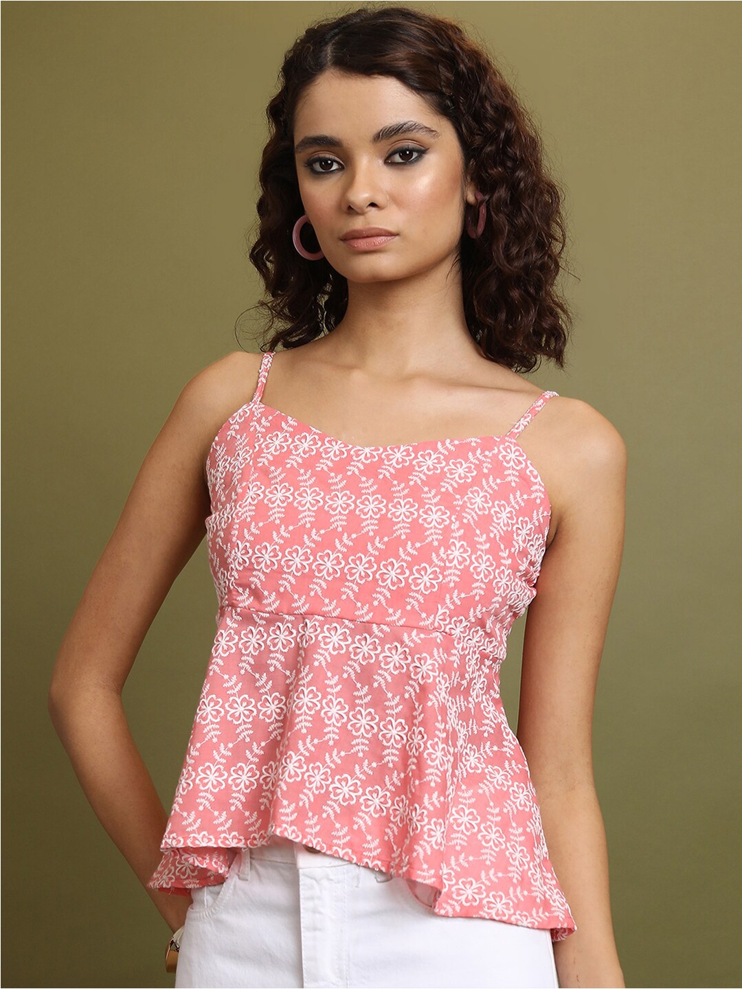 

Vishudh Floral Embroidered Shoulder Straps Peplum Top, Pink