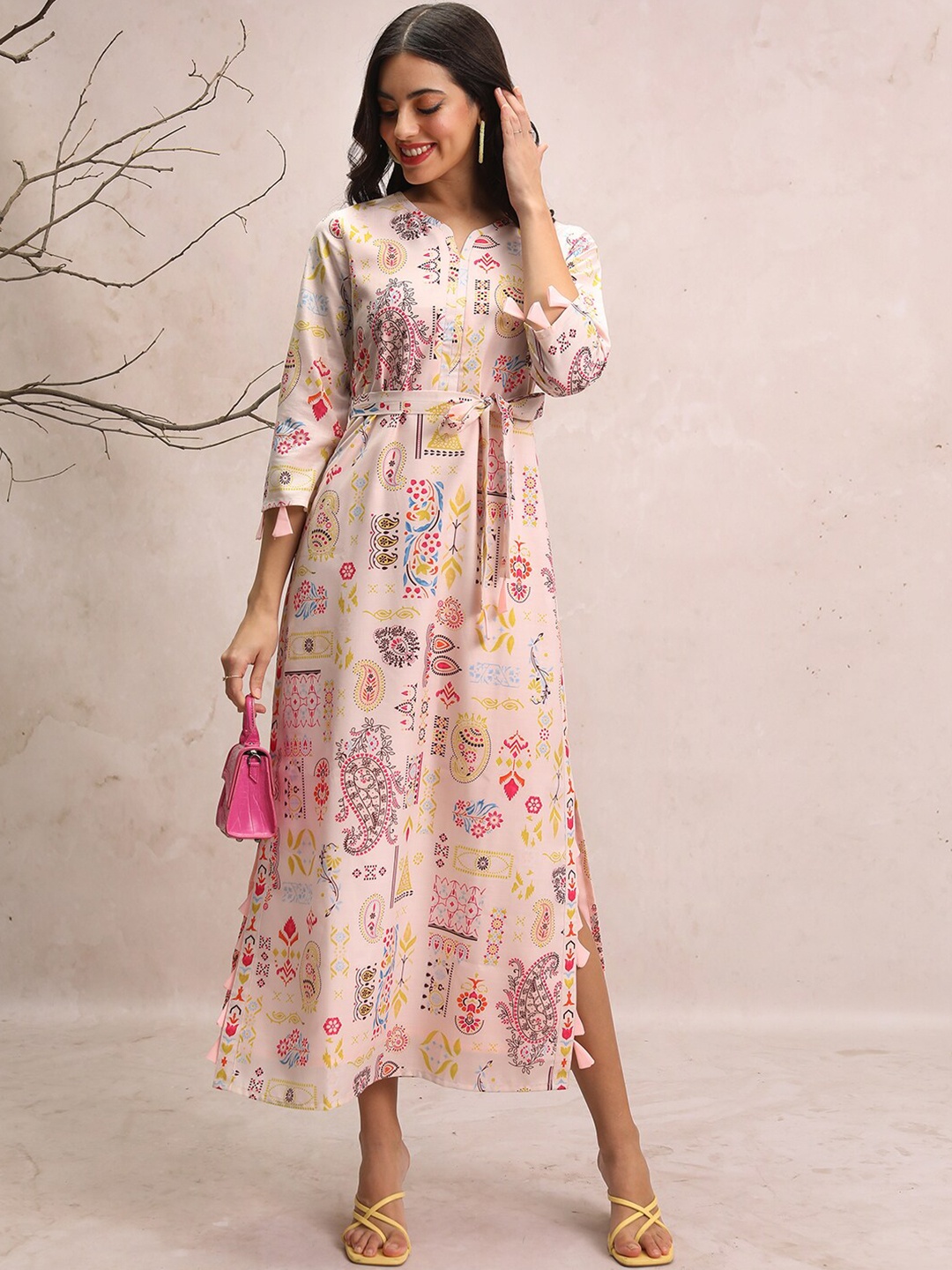 

Vishudh Peach-Coloured Ethnic Motifs Printed Tie-Ups A-Line Maxi Dress