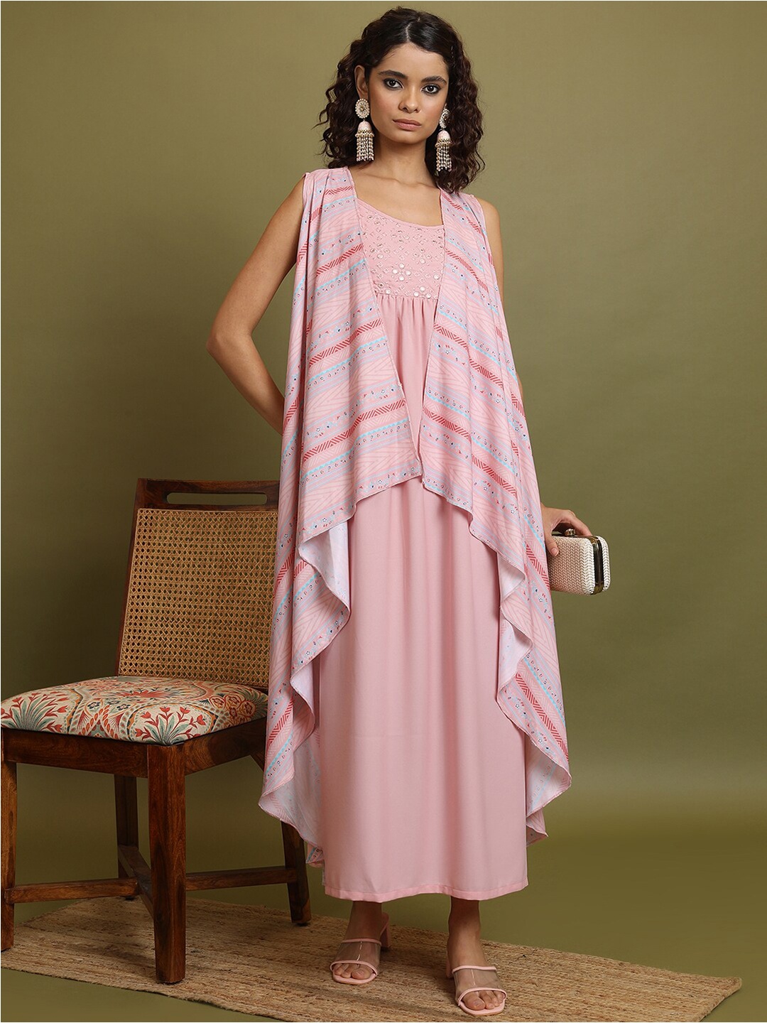 

Vishudh Pink Shoulder Straps Embroidered A-Line Maxi Dress With Jacket