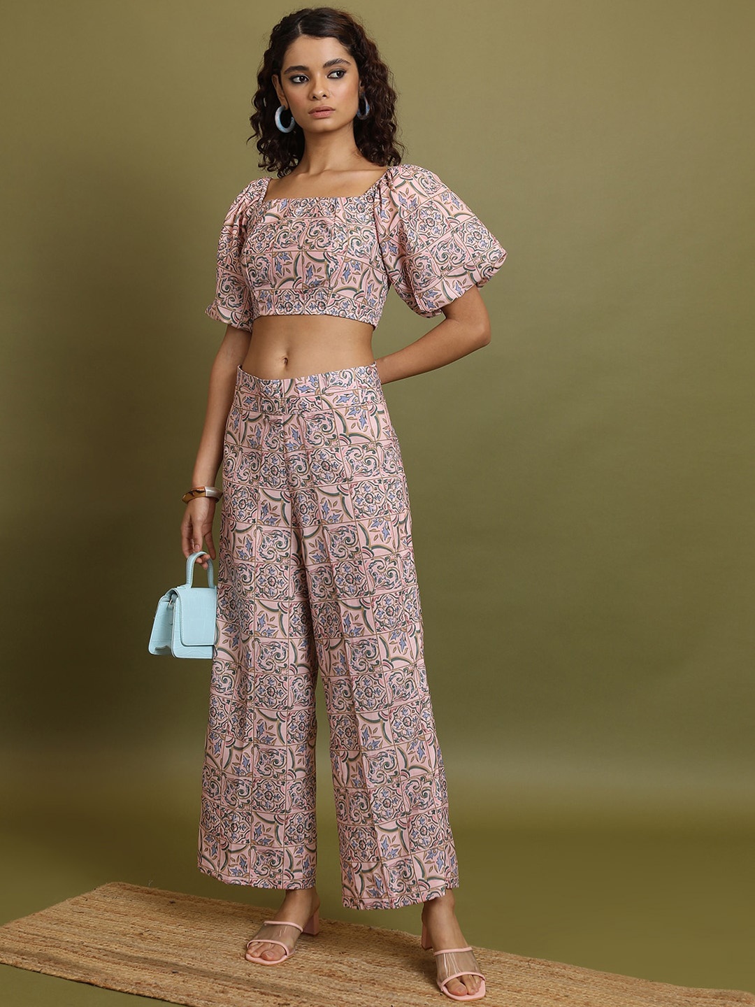 

Vishudh Floral Printed Square Neck Crop Top With Trousers, Pink