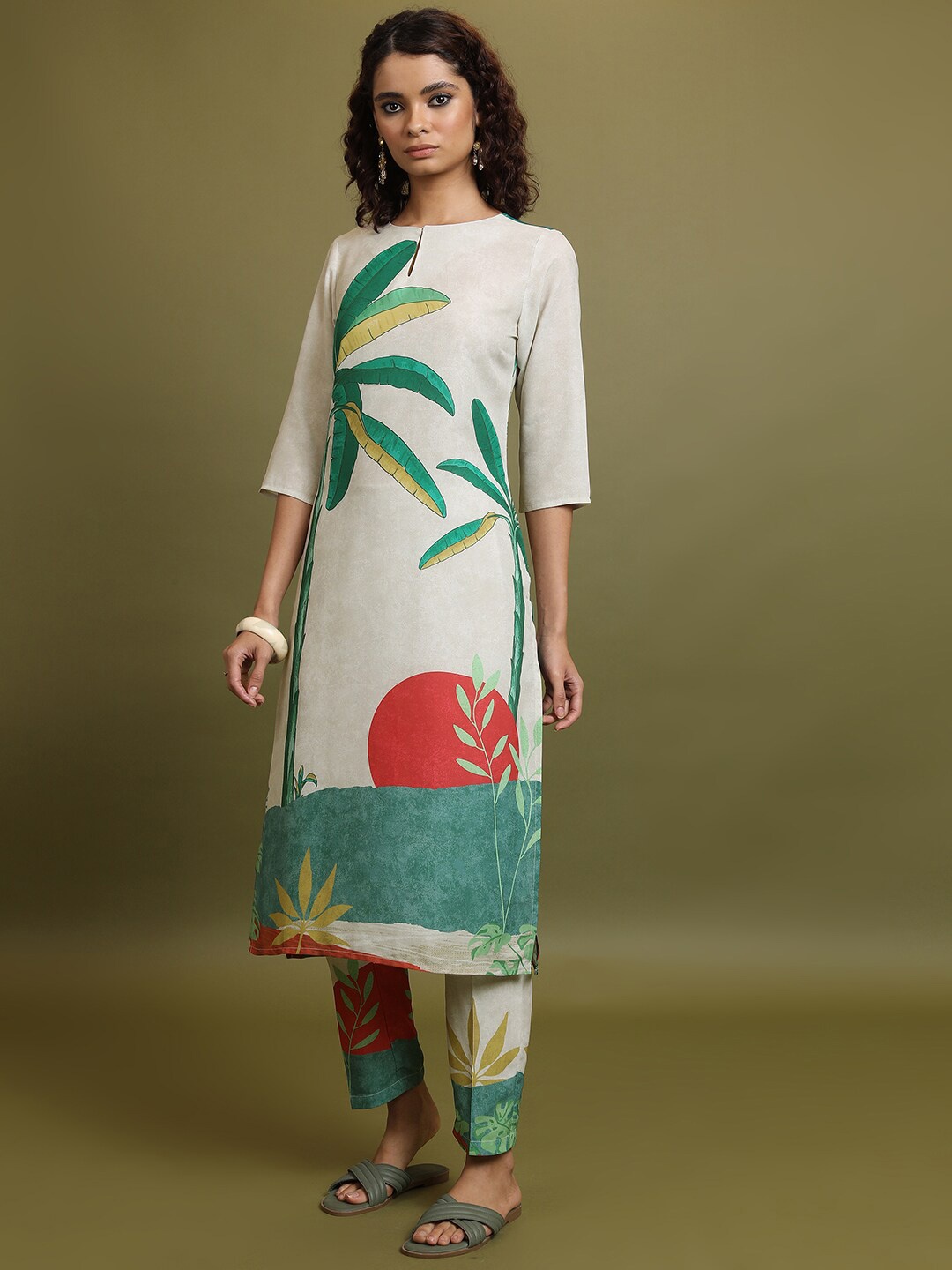 

Vishudh Beige Floral Printed Keyhole Neck Regular Kurta With Trouser