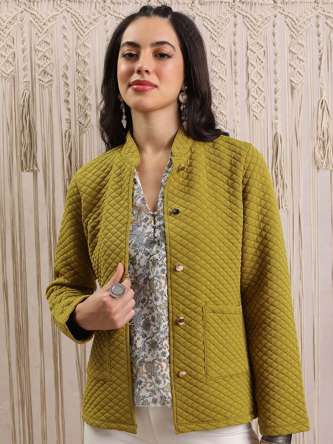 

Vishudh Olive Green Quilted Jacket