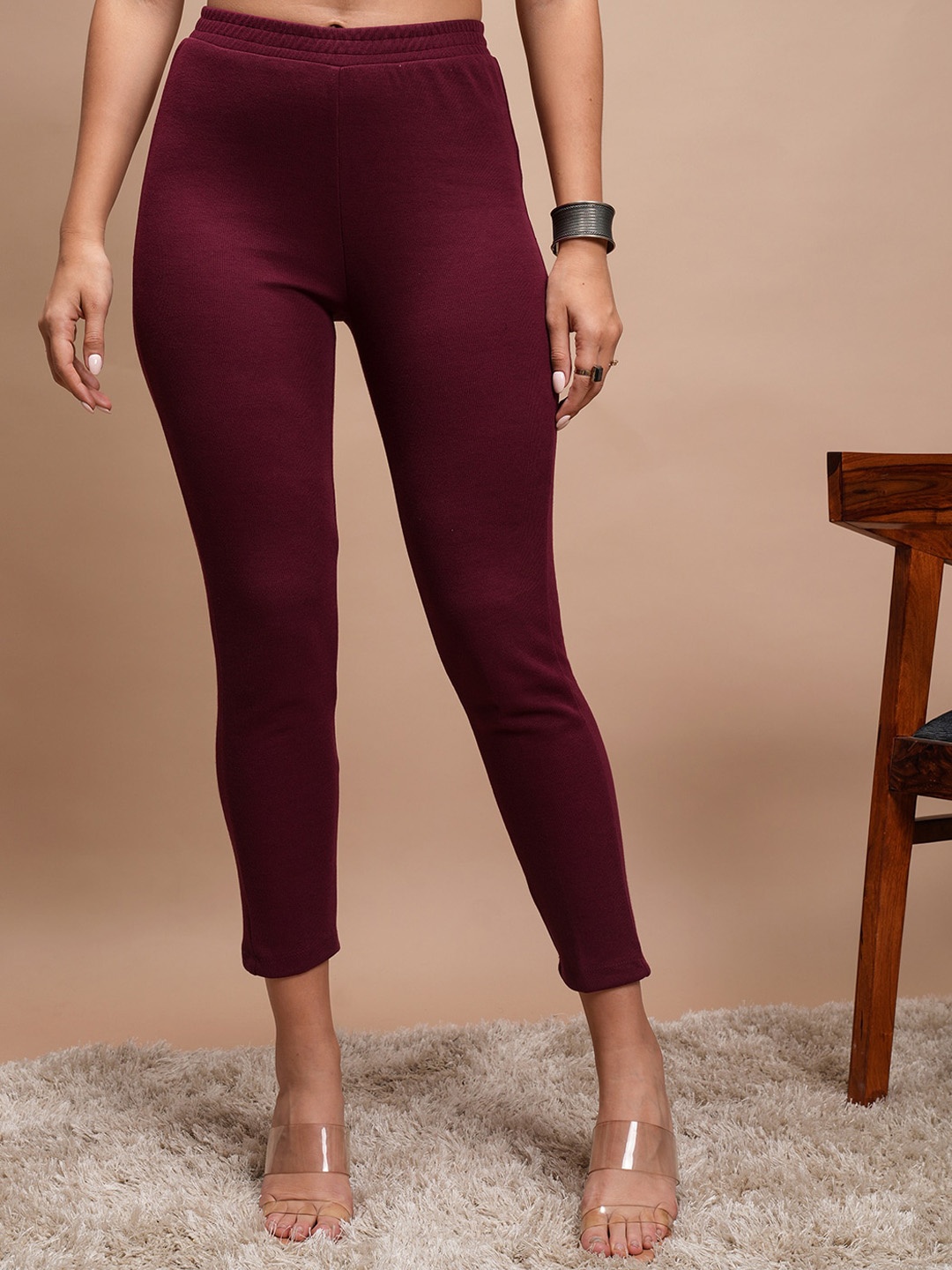 

Vishudh Women Maroon Cropped Winter Cigarette Trousers