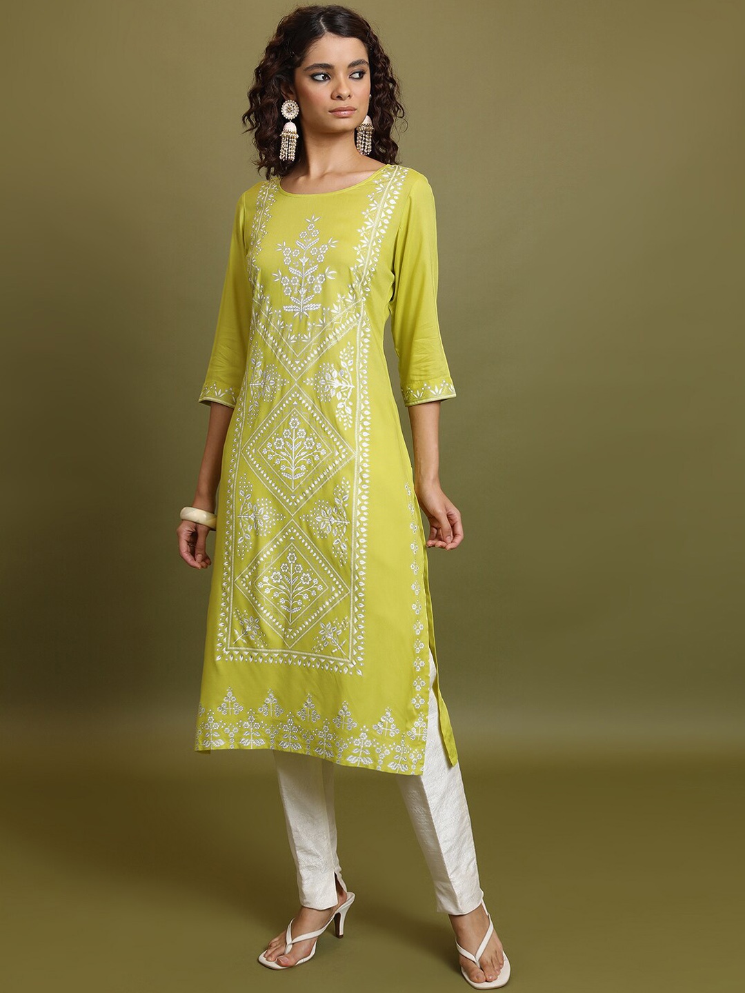 

Vishudh Lime Green Ethnic Motifs Printed Pastels Straight Kurta