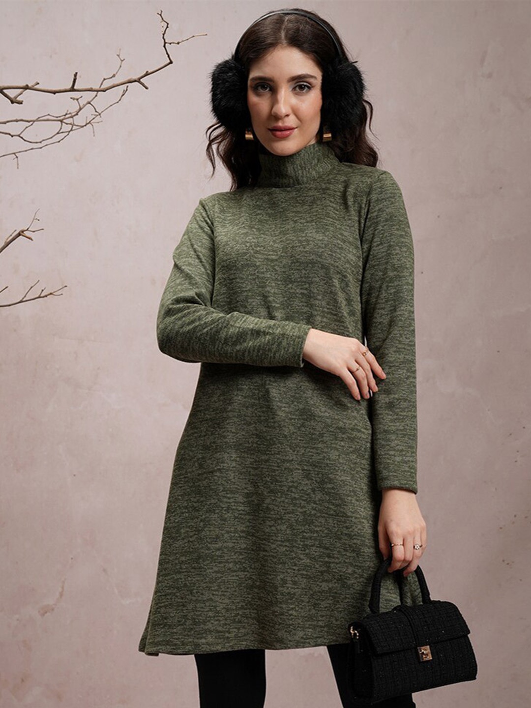 

Vishudh Olive Green High Neck Knitted Winter Tunic