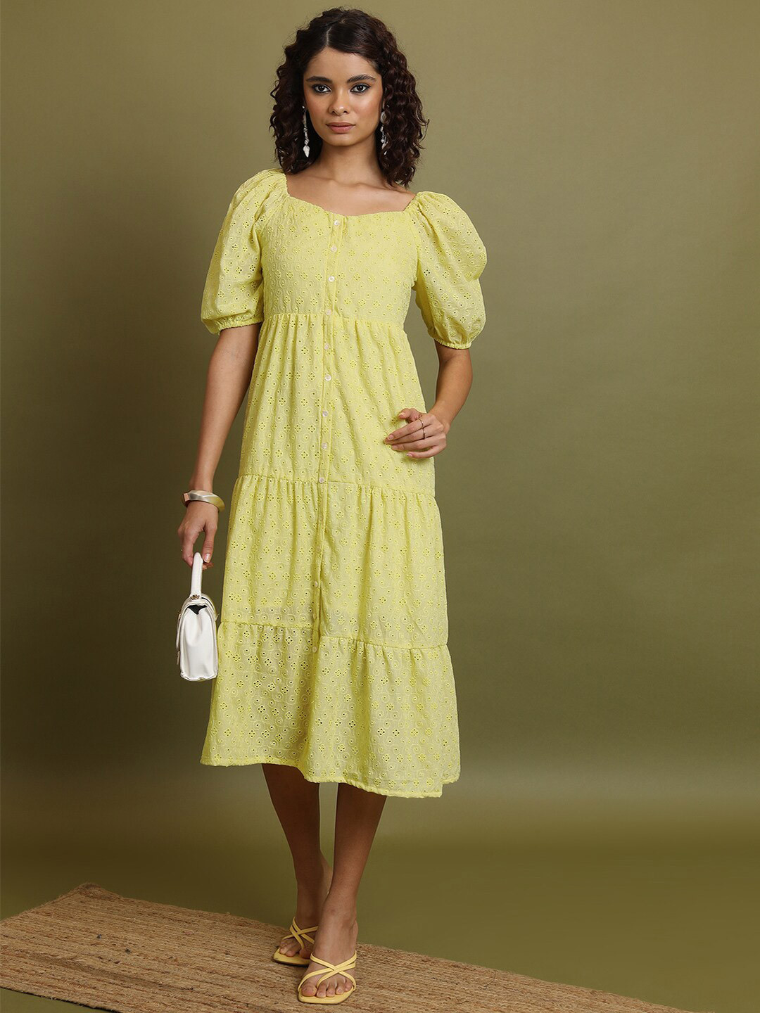

Vishudh Lime Green Self Design Sweetheart Neck Puffed Sleeves Fit and Flare Midi Dress