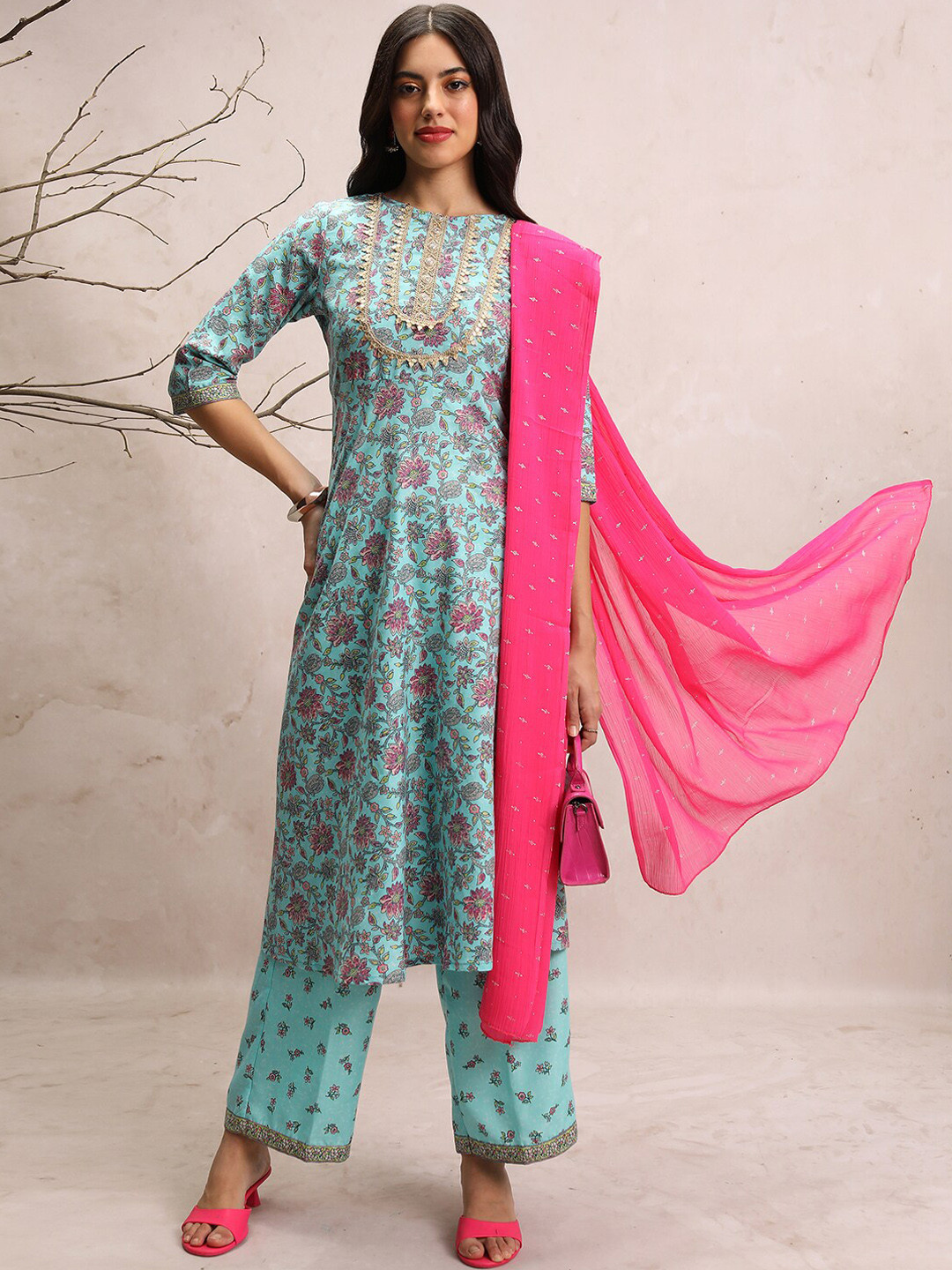 

Vishudh Floral Printed Kurta & Palazzos With Dupatta, Blue