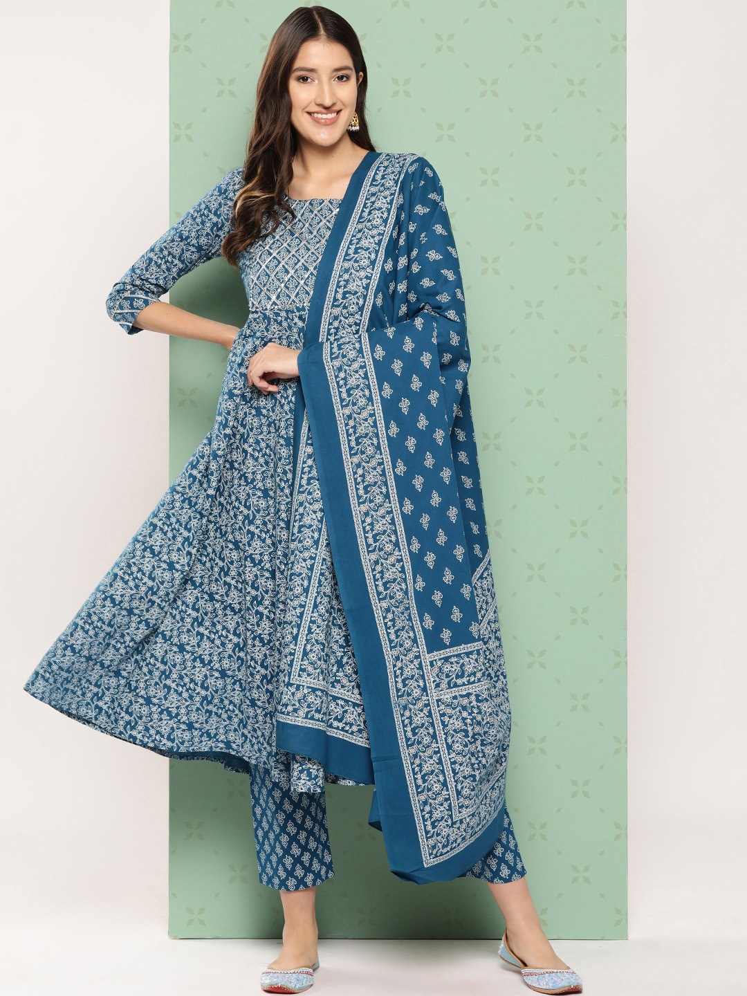 

KALINI Ethnic Motifs Printed Pure Cotton Anarkali Kurta with Trousers & Dupatta, Blue