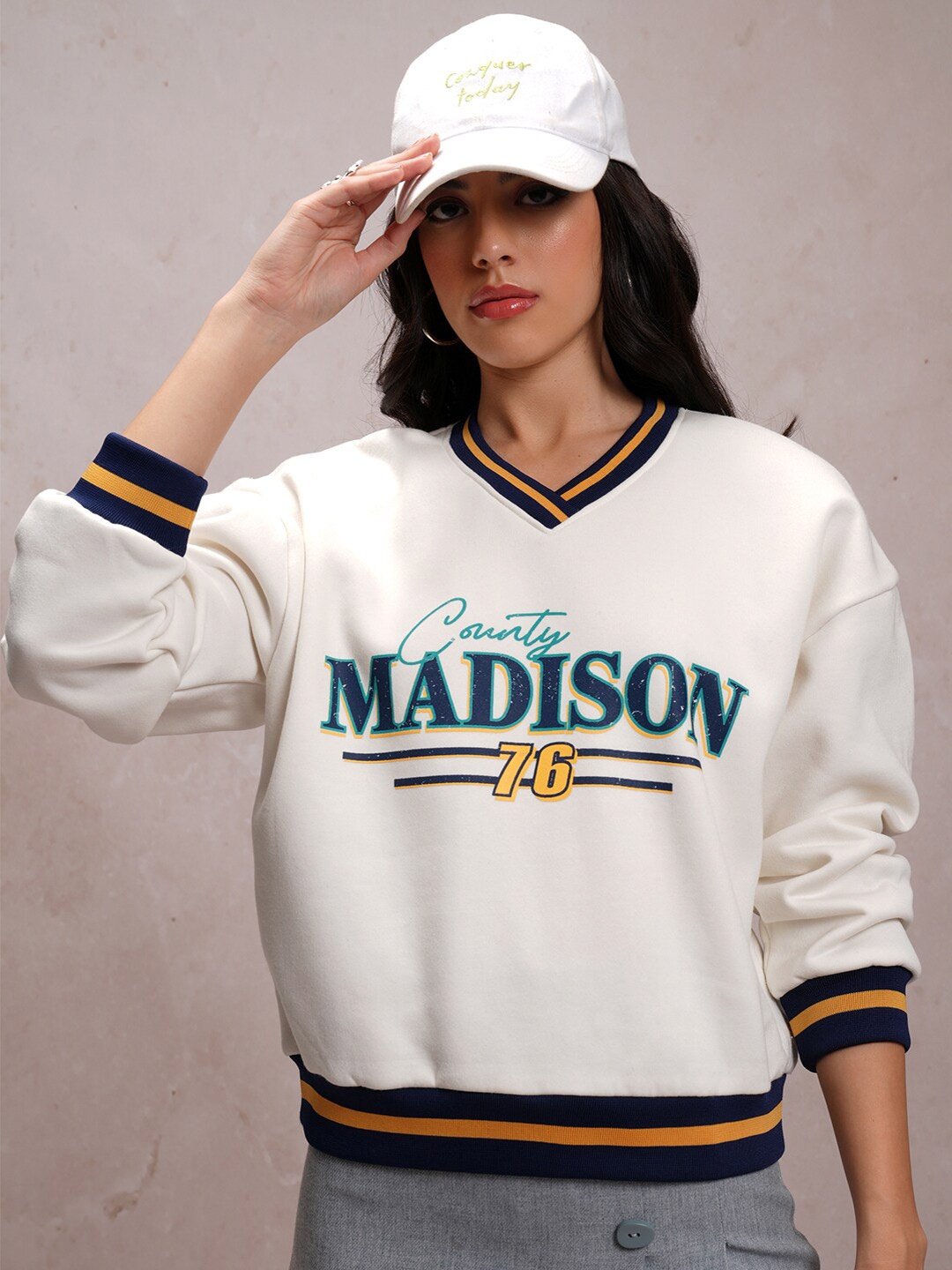 

Tokyo Talkies Typography Printed Oversized Baseball Pullover Sweatshirt, White