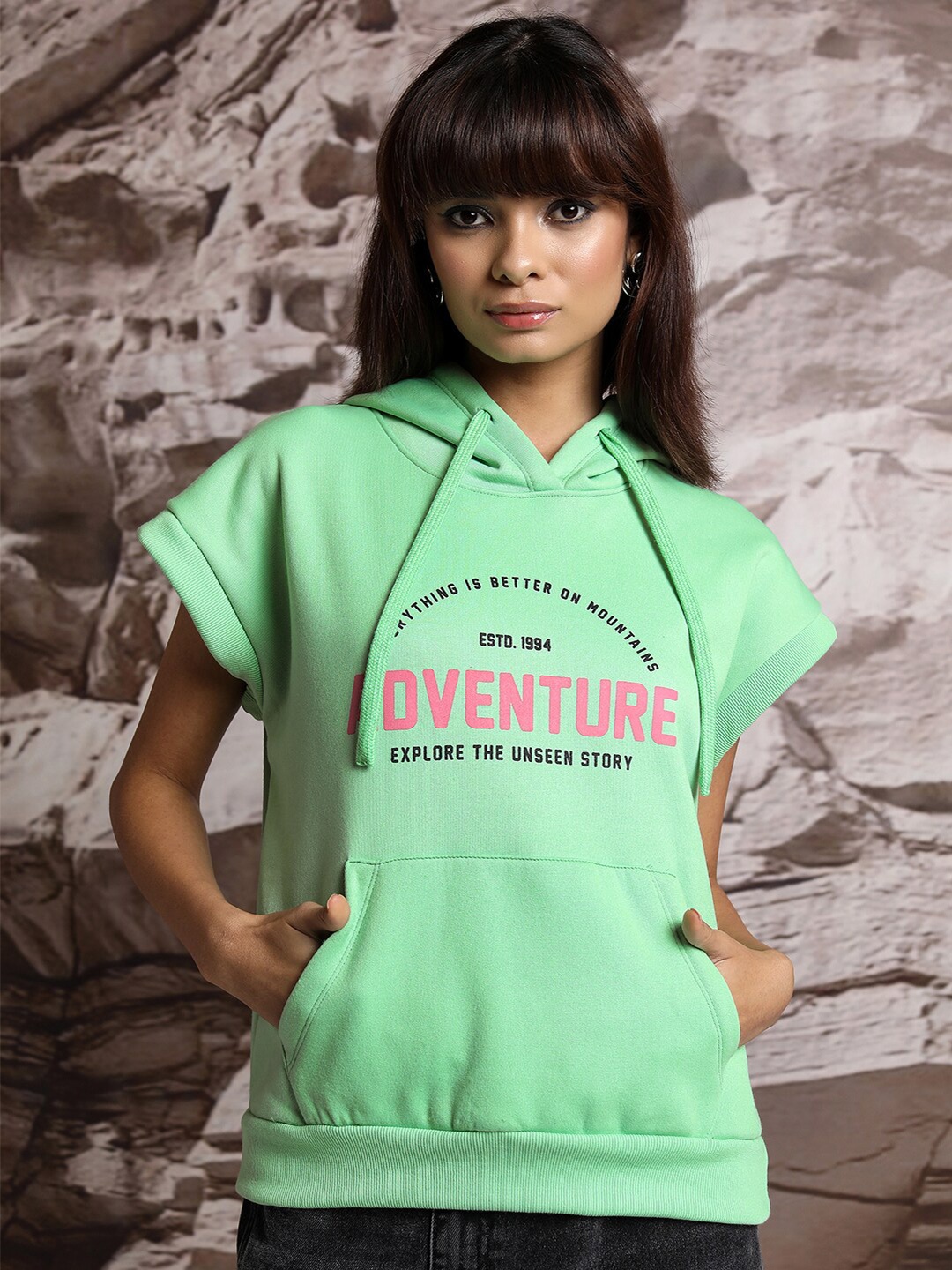 

Tokyo Talkies Green Typography Printed Sleeveless Hooded Oversized Sweatshirt