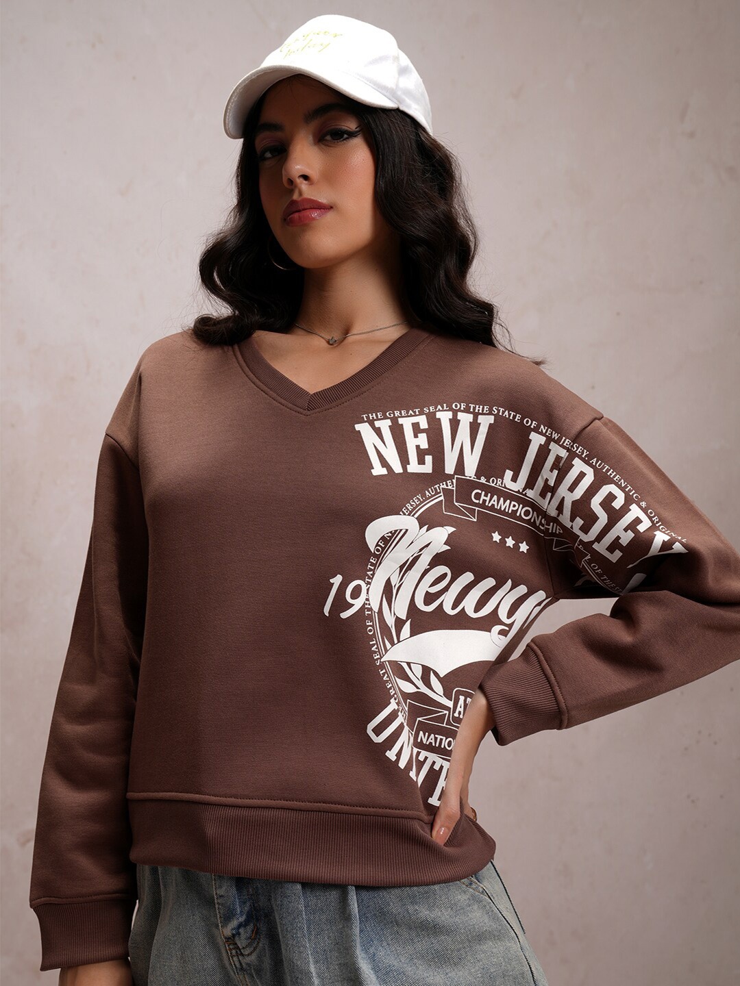 

Tokyo Talkies Varsity Printed V-Neck Relaxed Fit Pullover Sweatshirt, Brown