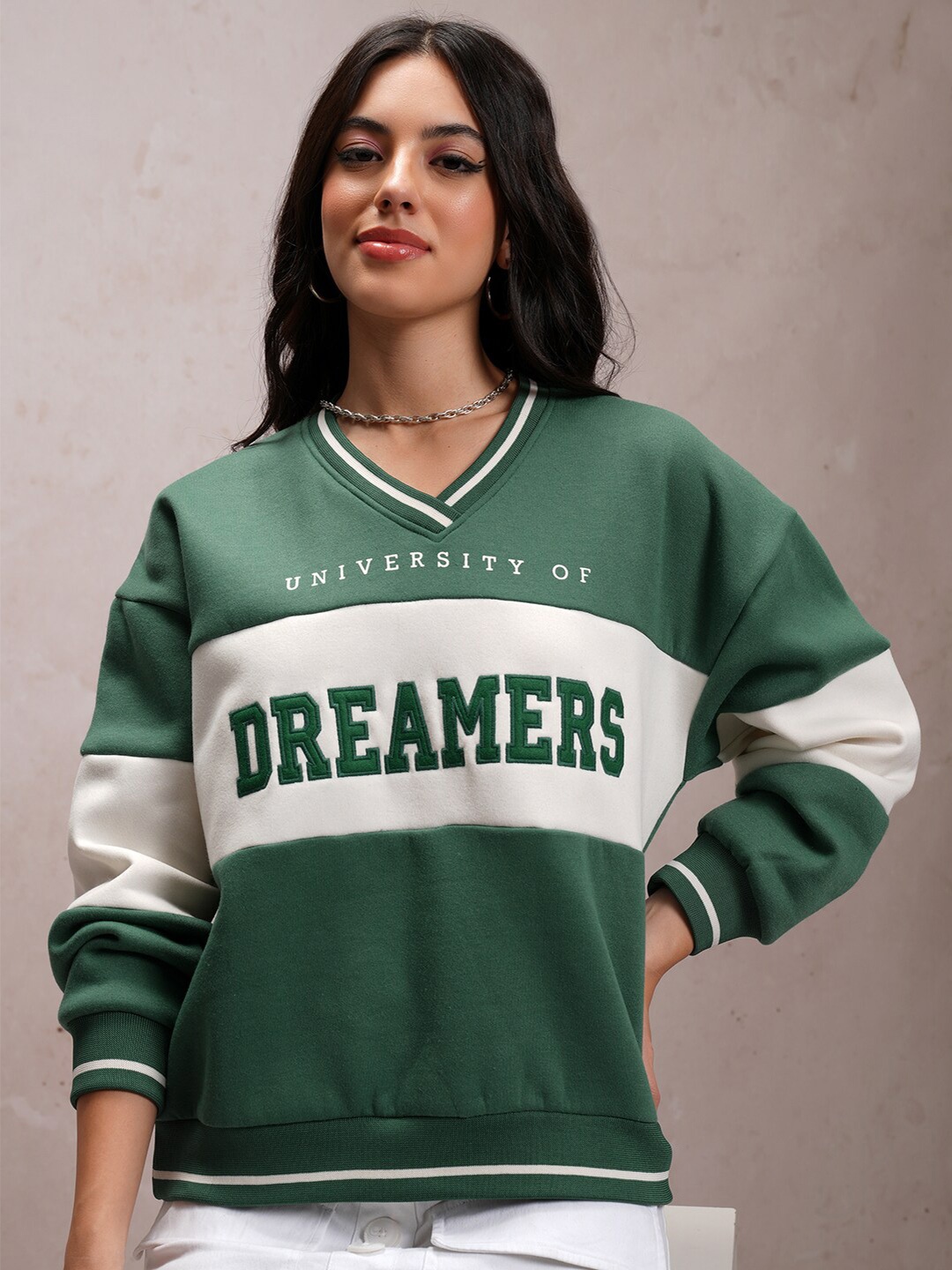 

Tokyo Talkies Typography Printed Oversized Varsity Pullover Sweatshirt, Green