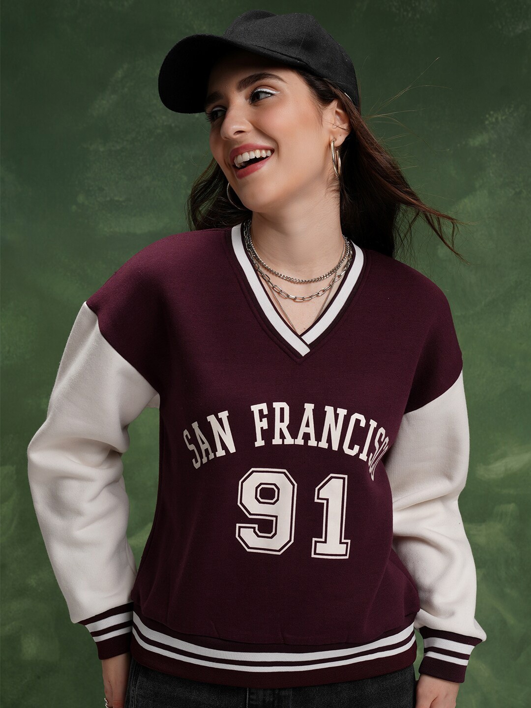 

Tokyo Talkies Typography Printed V-Neck Relaxed Fit Pullover Baseball Sweatshirt, Maroon