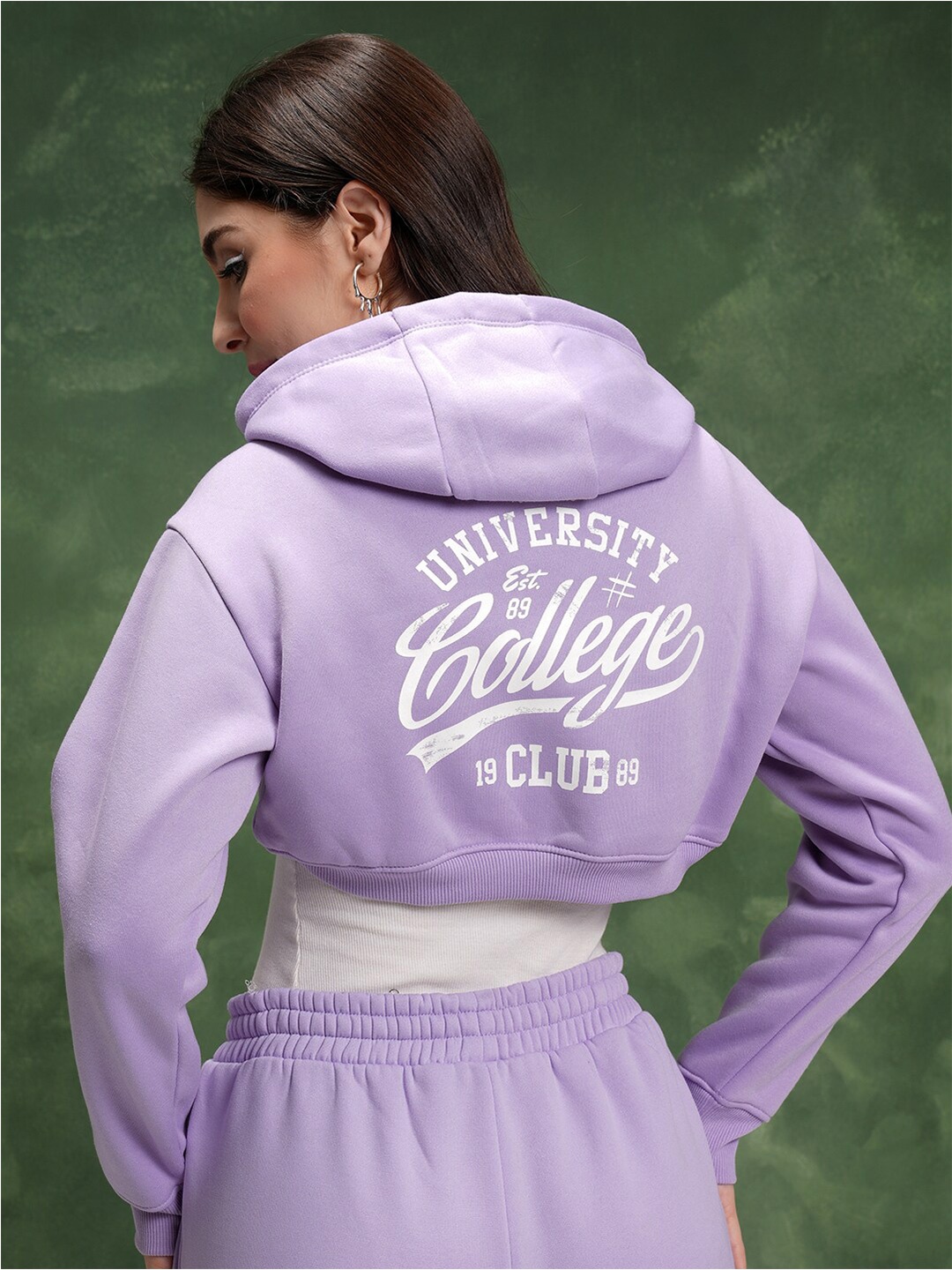 

Tokyo Talkies Lavender Typography Printed Hooded Relaxed Fit Crop Sweatshirt