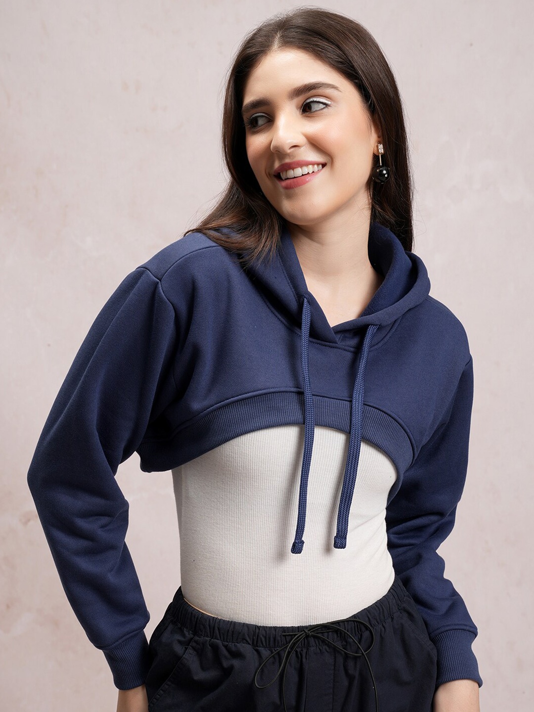 

Tokyo Talkies Navy Blue Typography Printed Hooded Crop Sweatshirt
