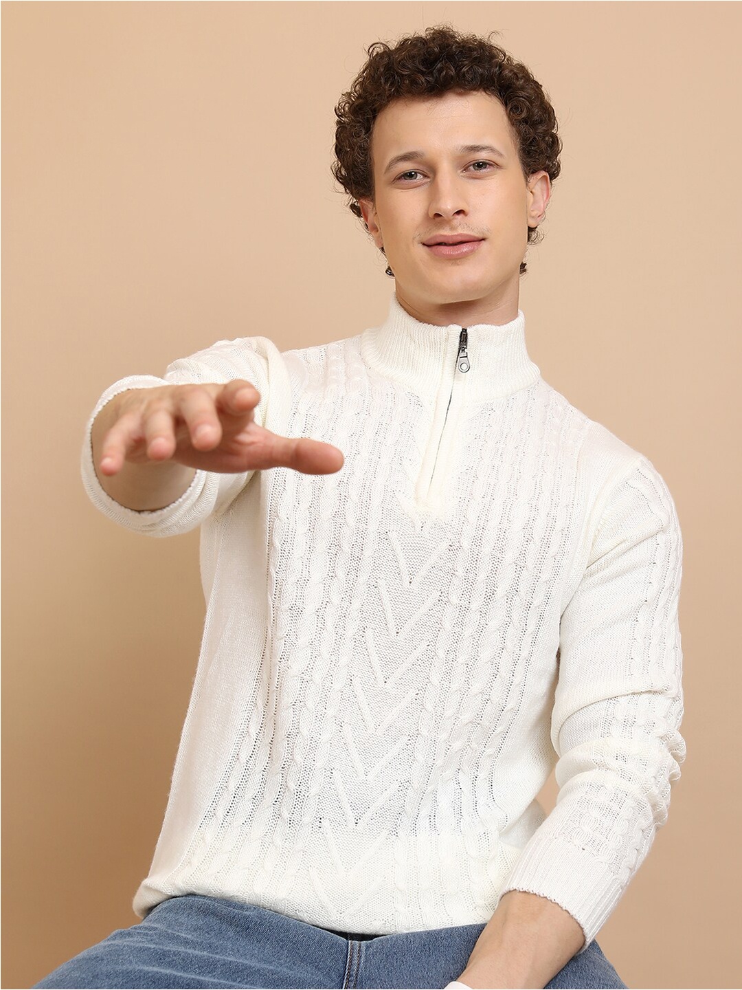 

HIGHLANDER Cable Knit Self Design Acrylic Pullover, White