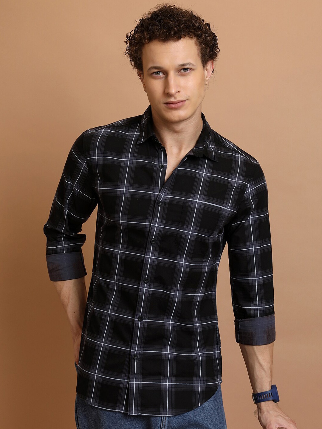 

HIGHLANDER Slim Fit Tartan Checked Casual Cotton Shirt, Black
