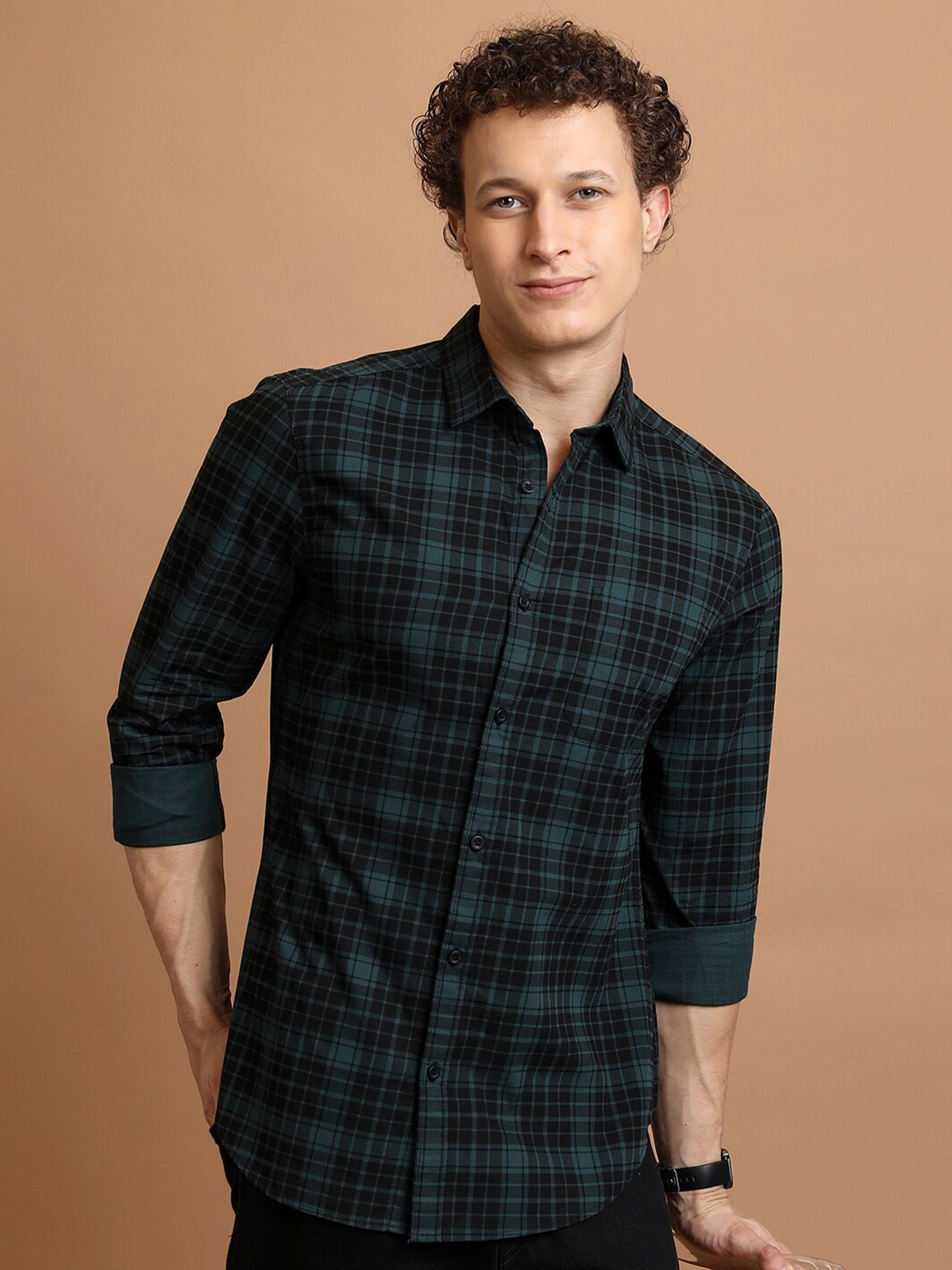 

HIGHLANDER Slim Fit Checked Casual Cotton Shirt, Teal