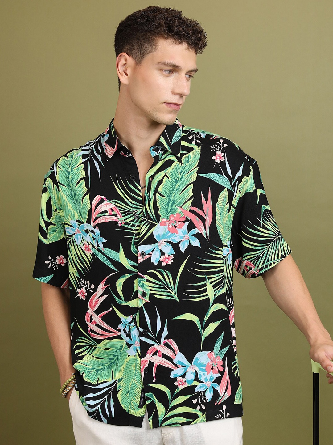 

HIGHLANDER Tropical Printed Casual Oversized Shirt, Black