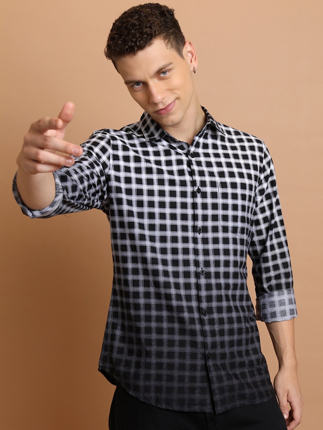 

HIGHLANDER Slim Fit Checked Casual Cotton Shirt, Black