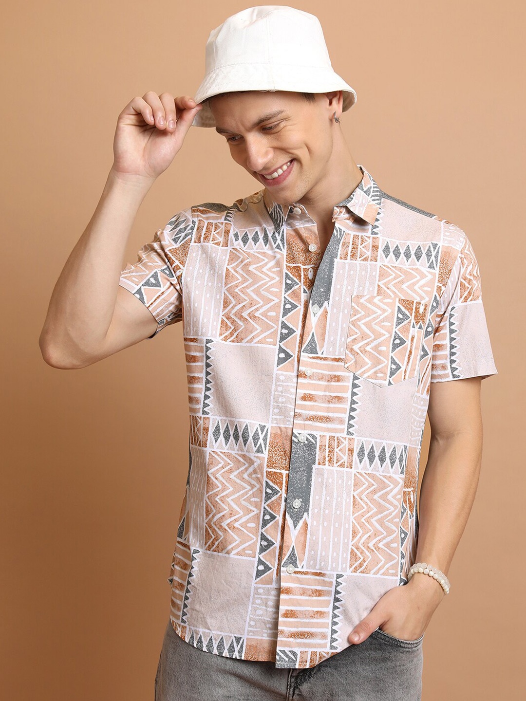 

HIGHLANDER Slim Fit Ethnic Motifs Printed Casual Cotton Shirt, Peach