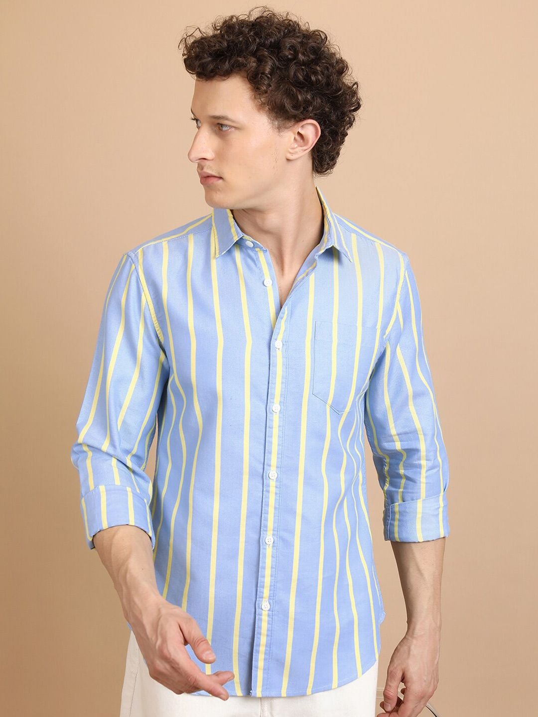 

HIGHLANDER Slim Fit Striped Spread Collar Casual Shirt, Blue