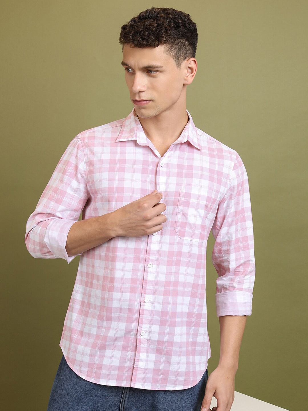 

HIGHLANDER Slim Fit Checked Casual Cotton Shirt, Pink