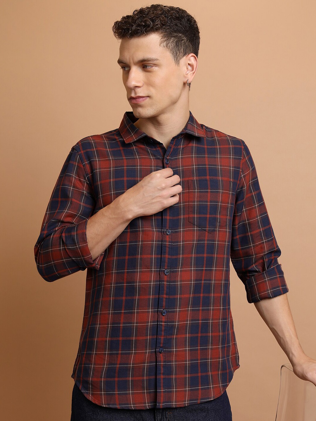 

HIGHLANDER Slim Fit Tartan Checked Spread Collar Casual Shirt, Navy blue