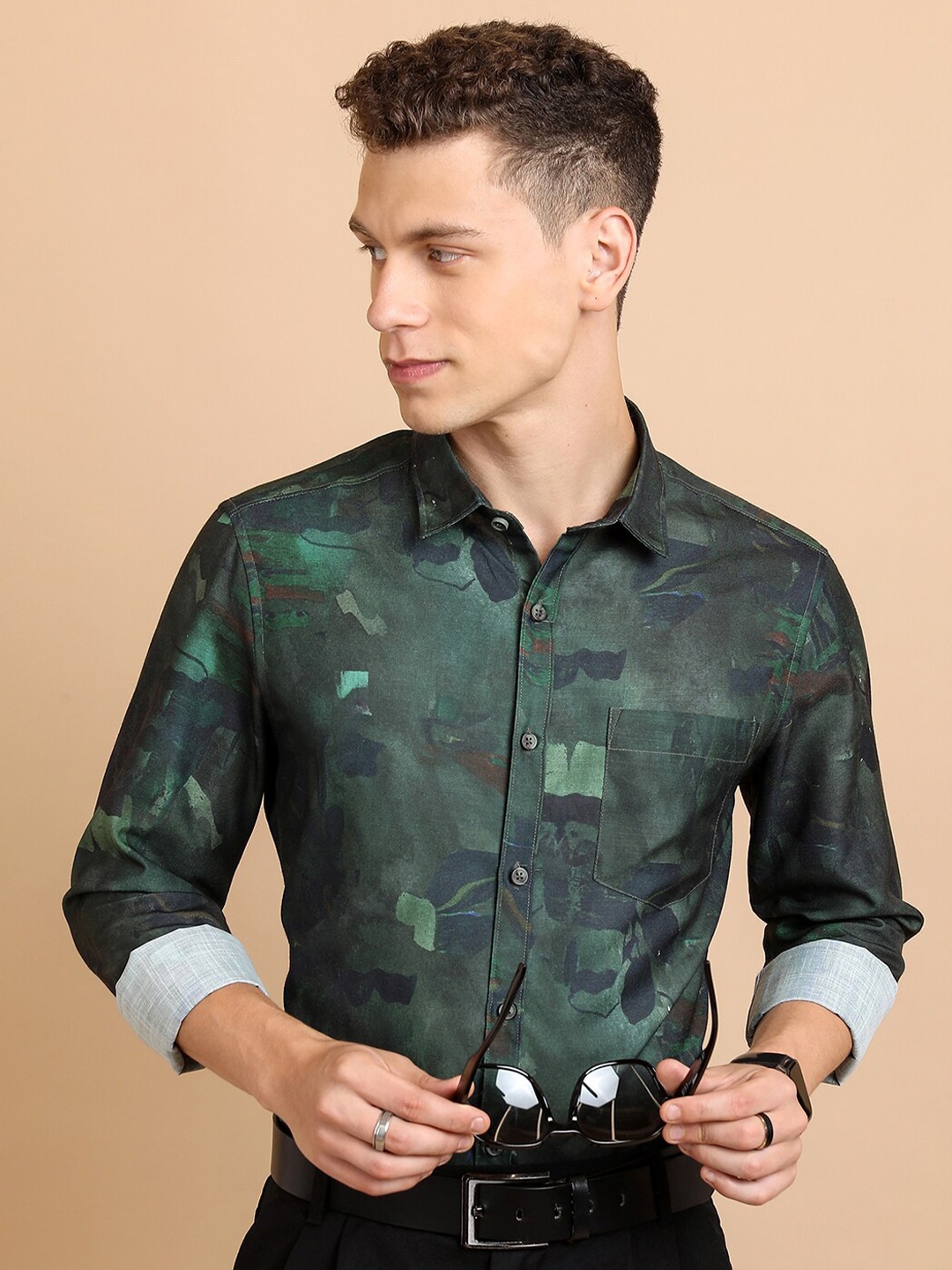 

HIGHLANDER Spread Collar Slim Fit Oversized Abstract Printed Casual Shirt, Olive