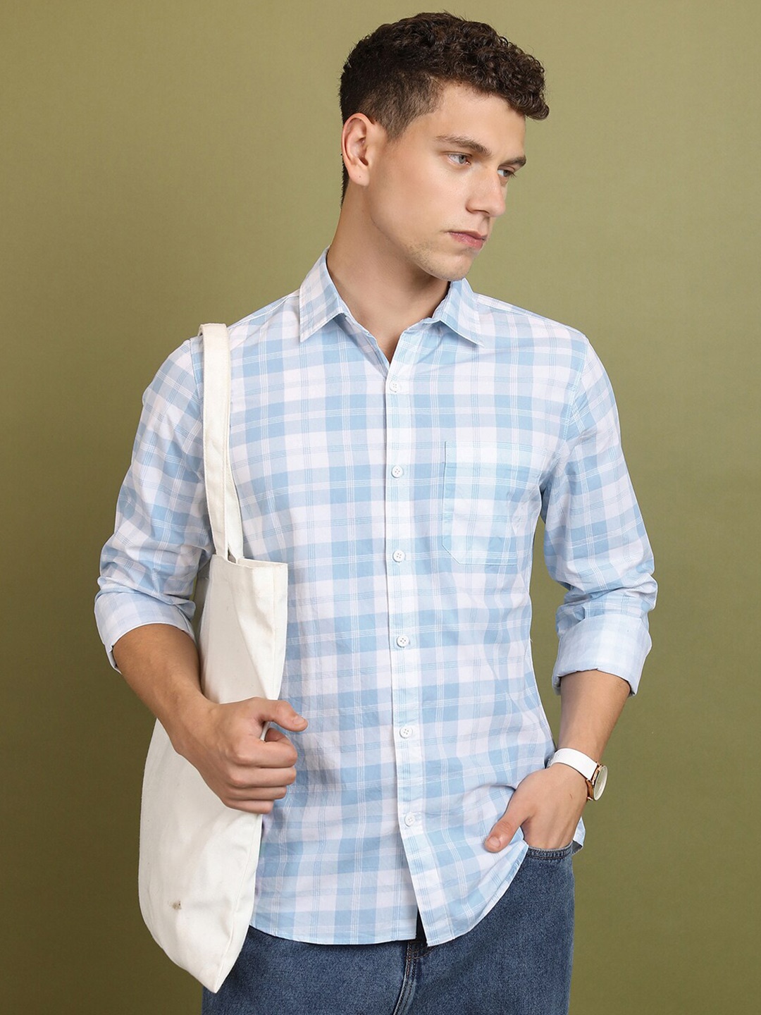 

HIGHLANDER Spread Collar Slim Fit Checked Casual Shirt, Blue
