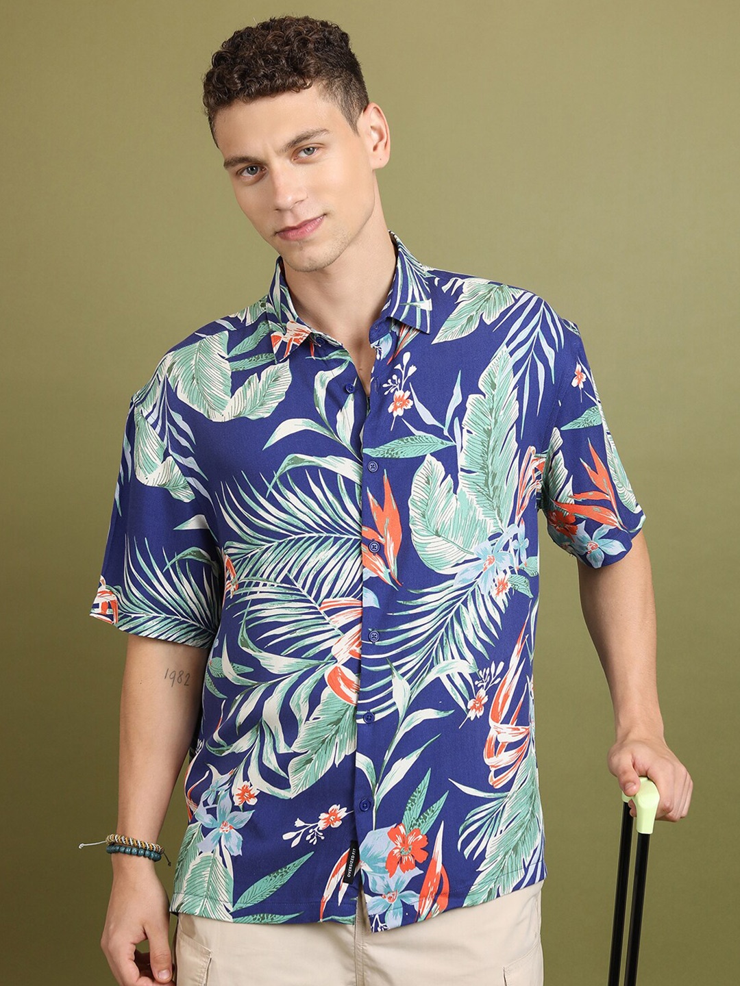 

HIGHLANDER Floral Printed Oversized Casual Shirt, Blue