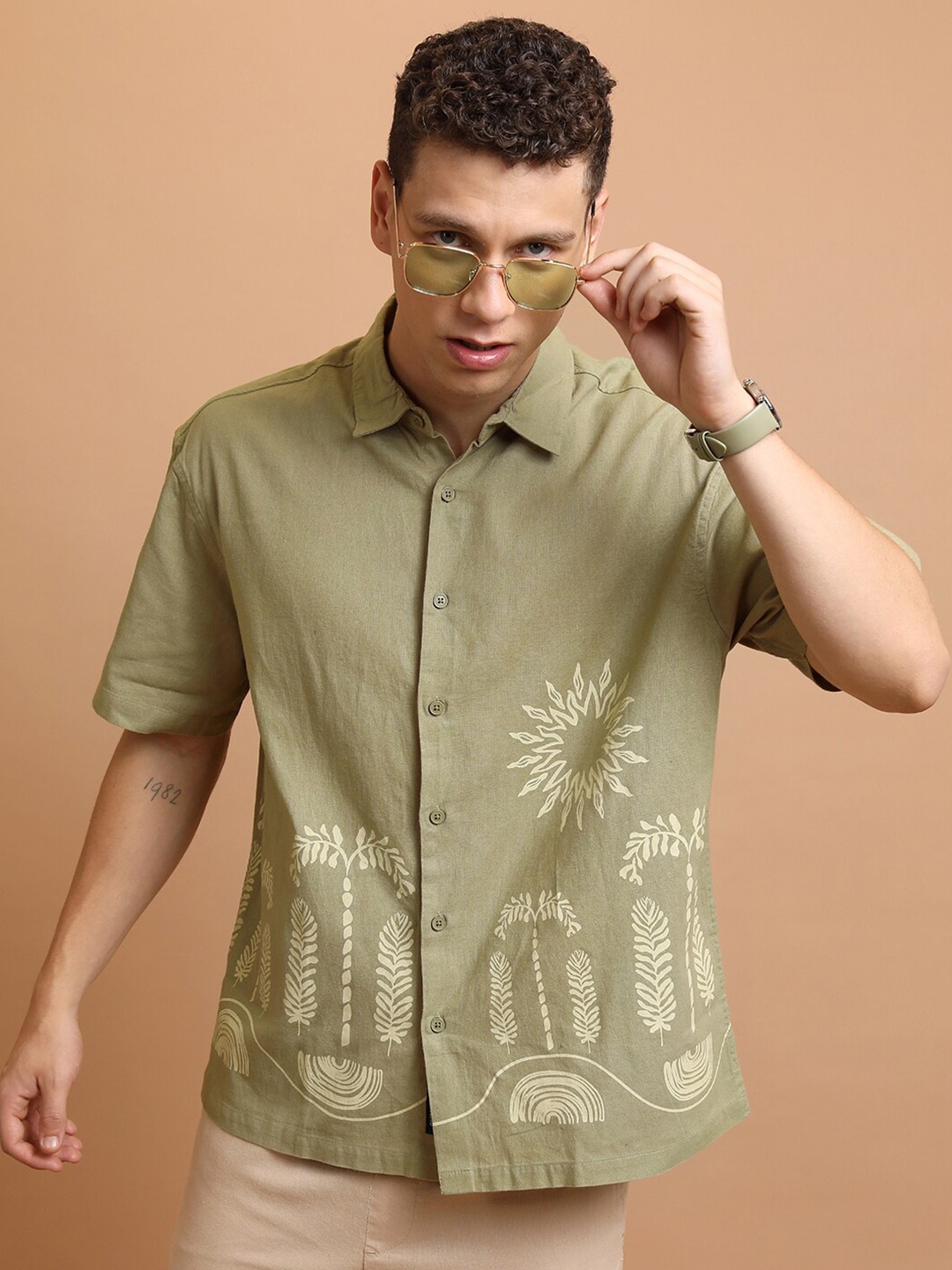 

HIGHLANDER Embroidered Cuban Collar Cotton Linen Shirt, Green