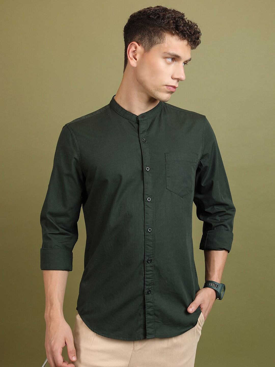 

HIGHLANDER Slim Fit Band Collar Cotton Casual Shirt, Olive