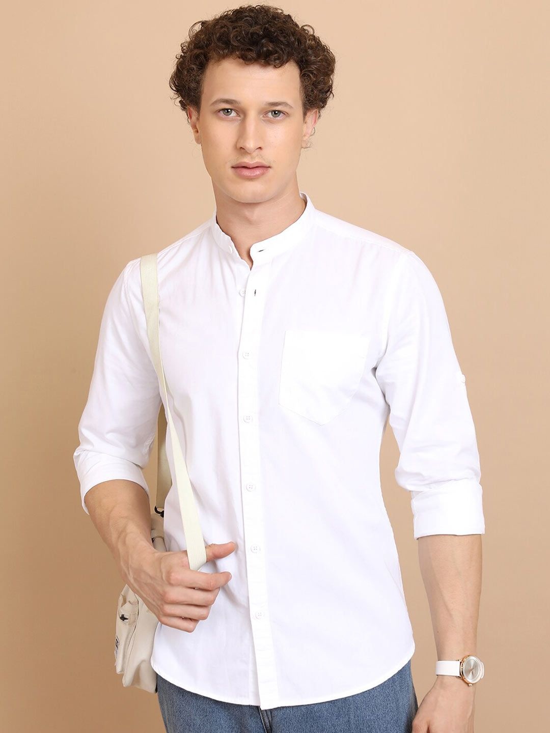 

HIGHLANDER Slim Fit Band Collar Cotton Casual Shirt, White