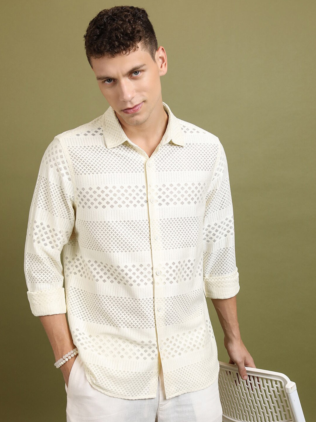 

HIGHLANDER Relaxed Fit Self Design Casual Shirt, Cream