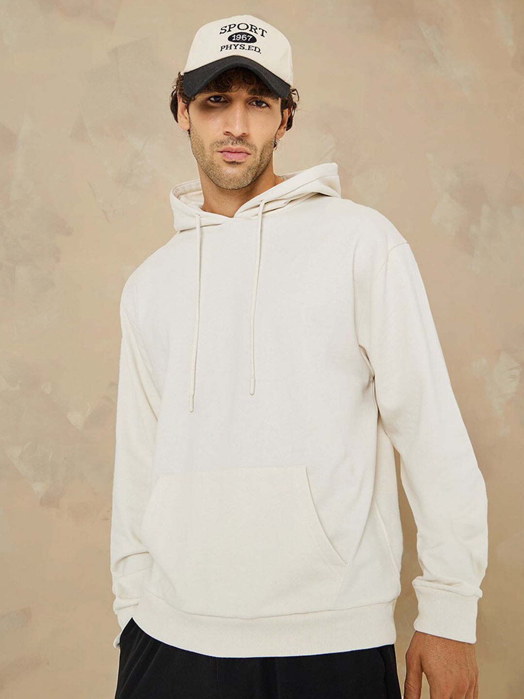 

Styli Cream-Coloured Hooded Drop-Shoulder Sleeves Fleece Relaxed Fit Sweatshirt