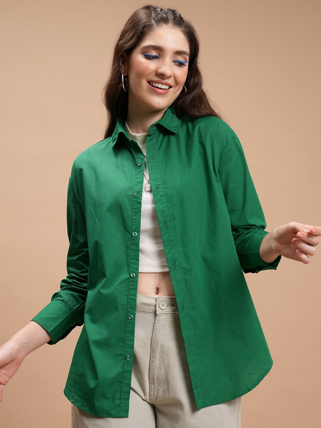 

Tokyo Talkies Spread Collar Cotton Casual Shirt, Green